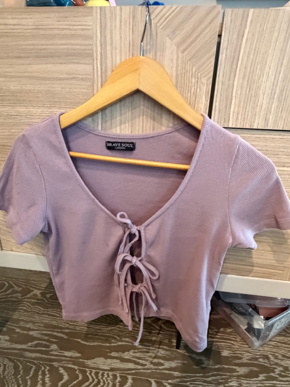 Brave Soul Lilac Lace-Up Ribbed Crop Top with front tie detail